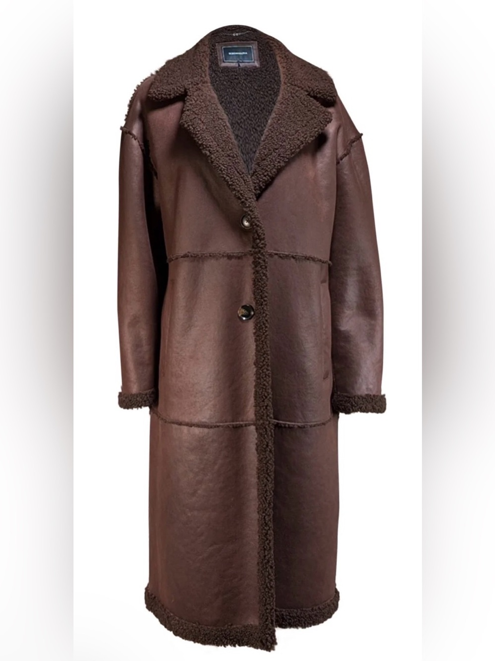 BCBG MAXAZRIA Brown Shearling Long Coat Women's Faux Sheepskin Trench SZ MEDIUM